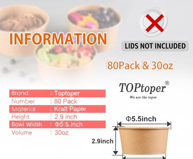 TOPtoper 80 Pcs 30 Ozã€WITHOUT LIDSã€‘ Large Paper Bowls Disposable Soup Bowls Bulk Plastic Free Party Supplies for Hot/Cold Food, Soup (30 OZ) - Image 2